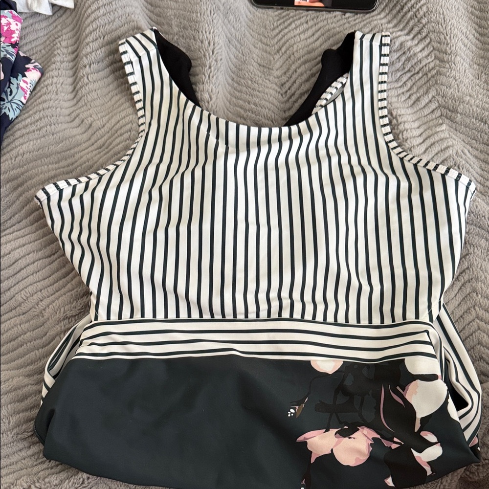 Albion Black and White Striped Floral One Piece